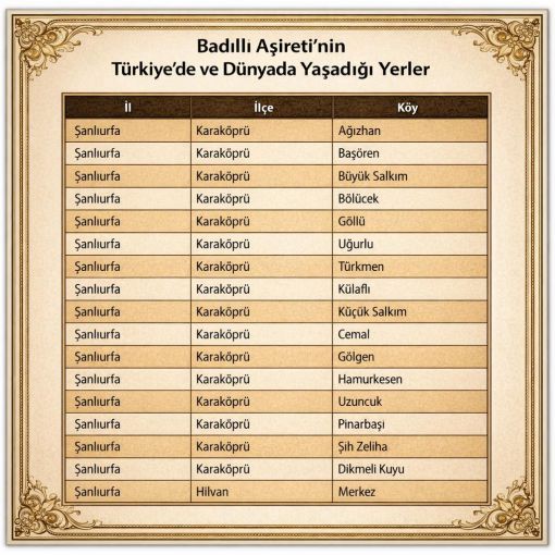 Badıllı Aşireti Türkiye ve Dünyada Dağıldıkları Yerler