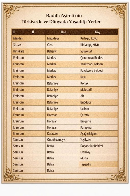 Badıllı Aşireti Türkiye ve Dünyada Dağıldıkları Yerler